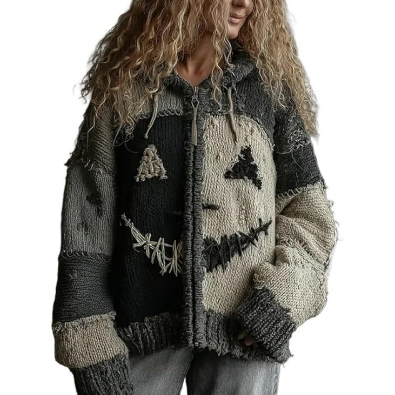 Halloween Sweater Winter Gothic Oversized Knit Cardigan Patchwork Print Knit Top